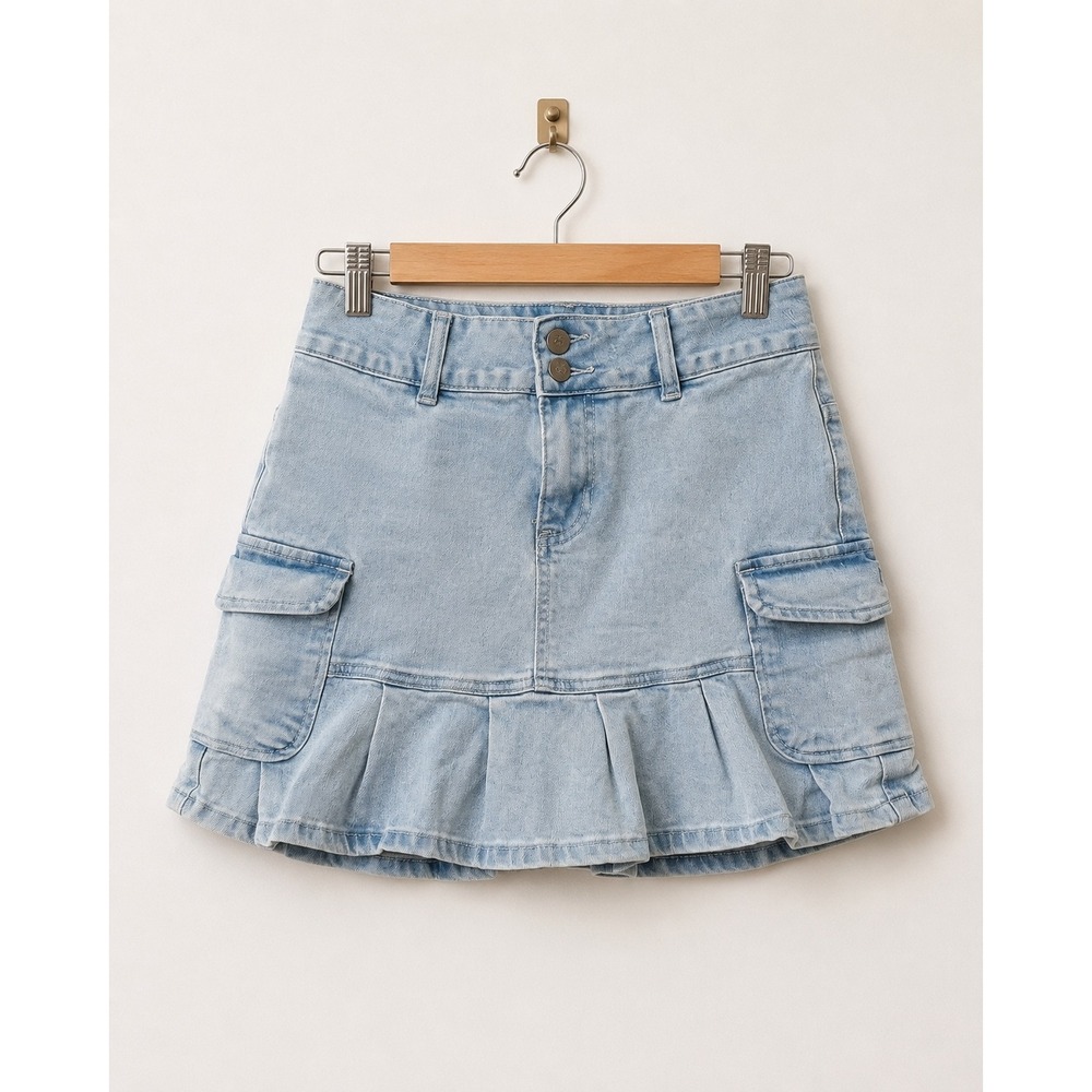 YMI Girls Light Wash Denim Cargo Skirt Pleated Ruffle Hem Size 14